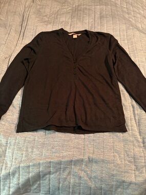 Victoria's Secret Black Knit Top with 3 Button Deep V-Neck